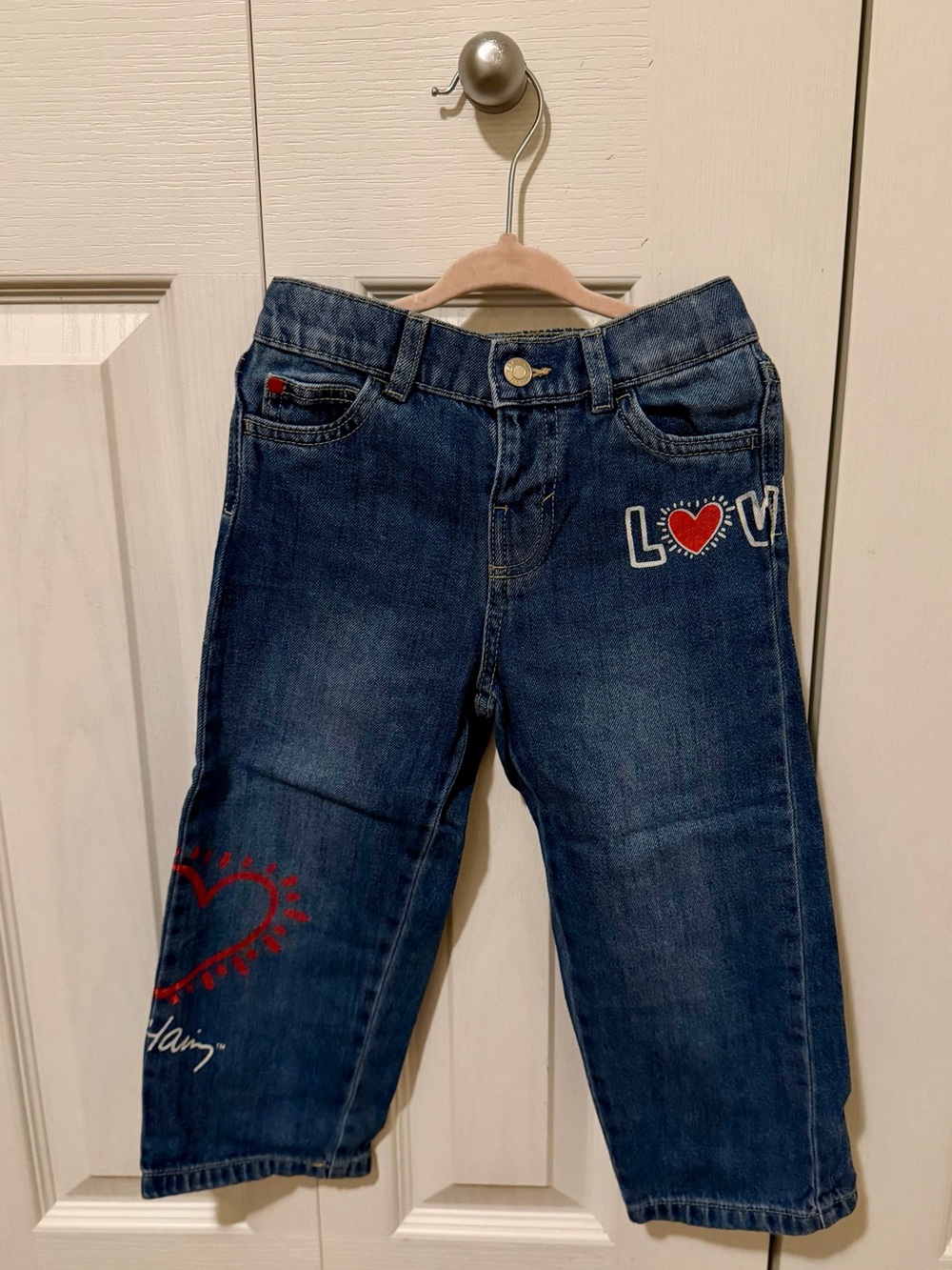 Zara Dark Blue Denim Mom Jeans with Red Heart Motifs
